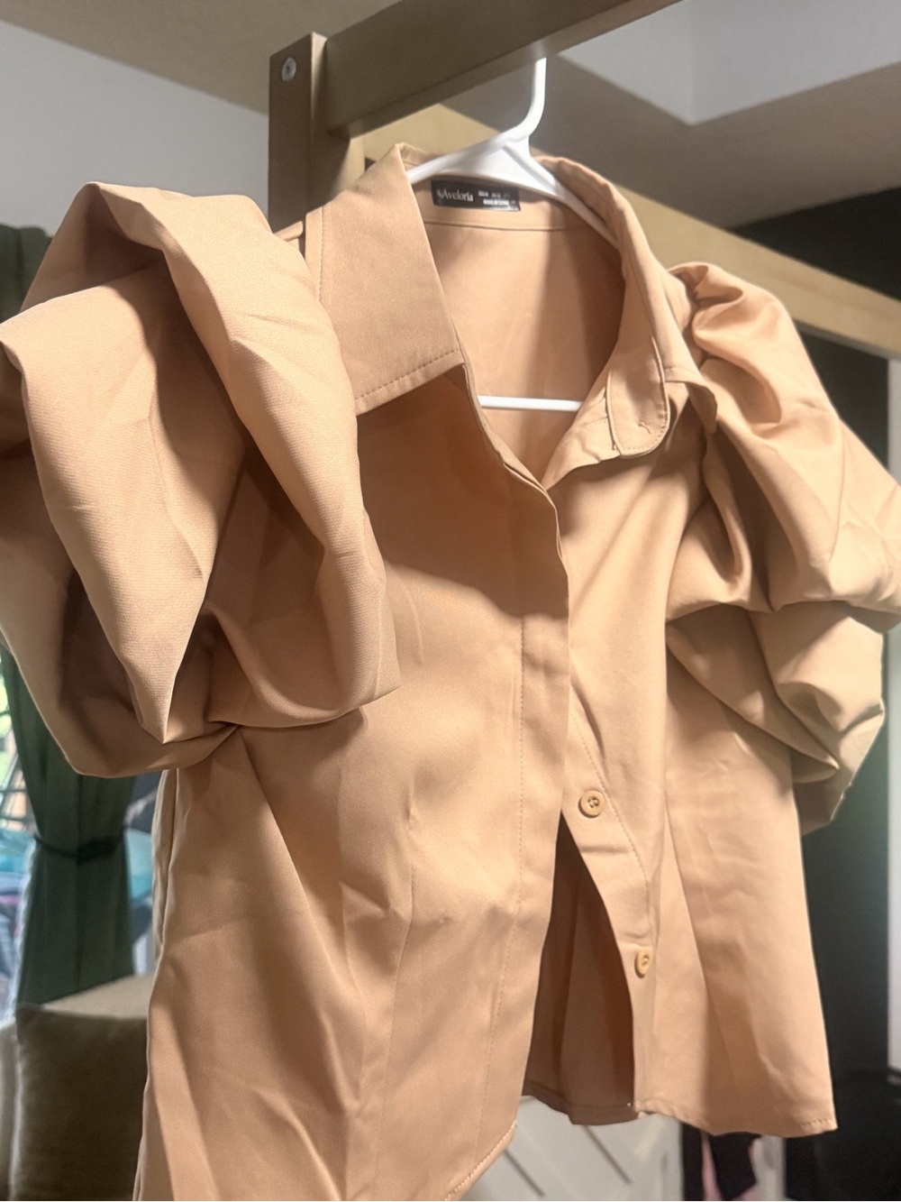 Puff Sleeve Button-Up Shirt in Beige
